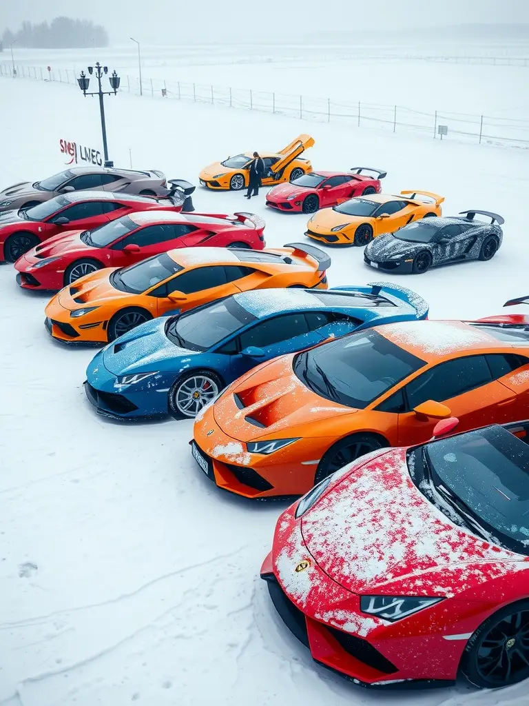 A lineup of colorful supercars parked in the snow, showcasing their beauty and elegance in winter conditions.