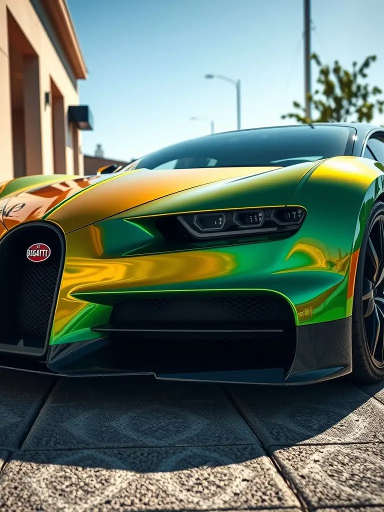 A Bugatti painted in an iridescent green and gold finish, showcasing its sleek design.