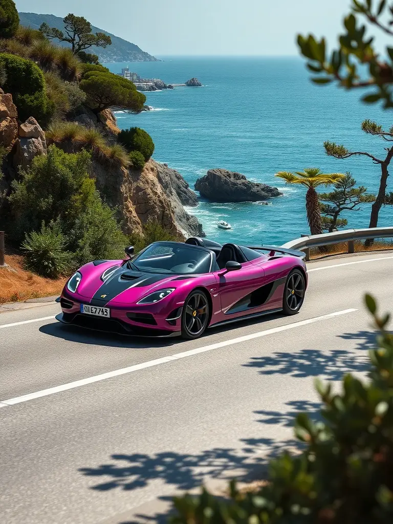A Koenigsegg Gemera Convertible in magenta driving along a scenic coastal road.