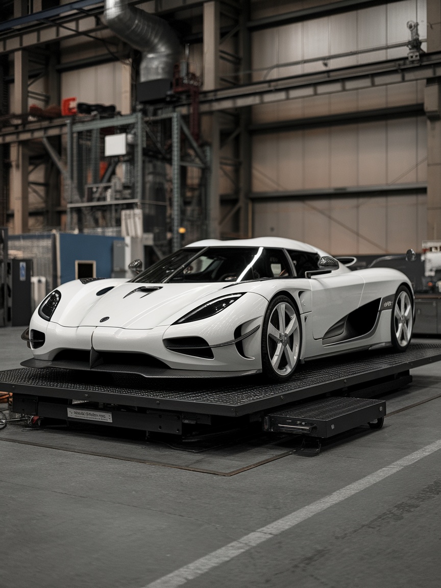A white Koenigsegg Jesko Absolut displayed in a workshop environment, showcasing its sleek design and engineering.