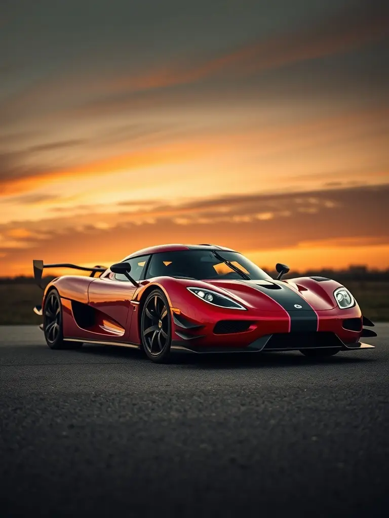 Koenigsegg Jesko Absolut in raspberry red parked on a road during sunset.