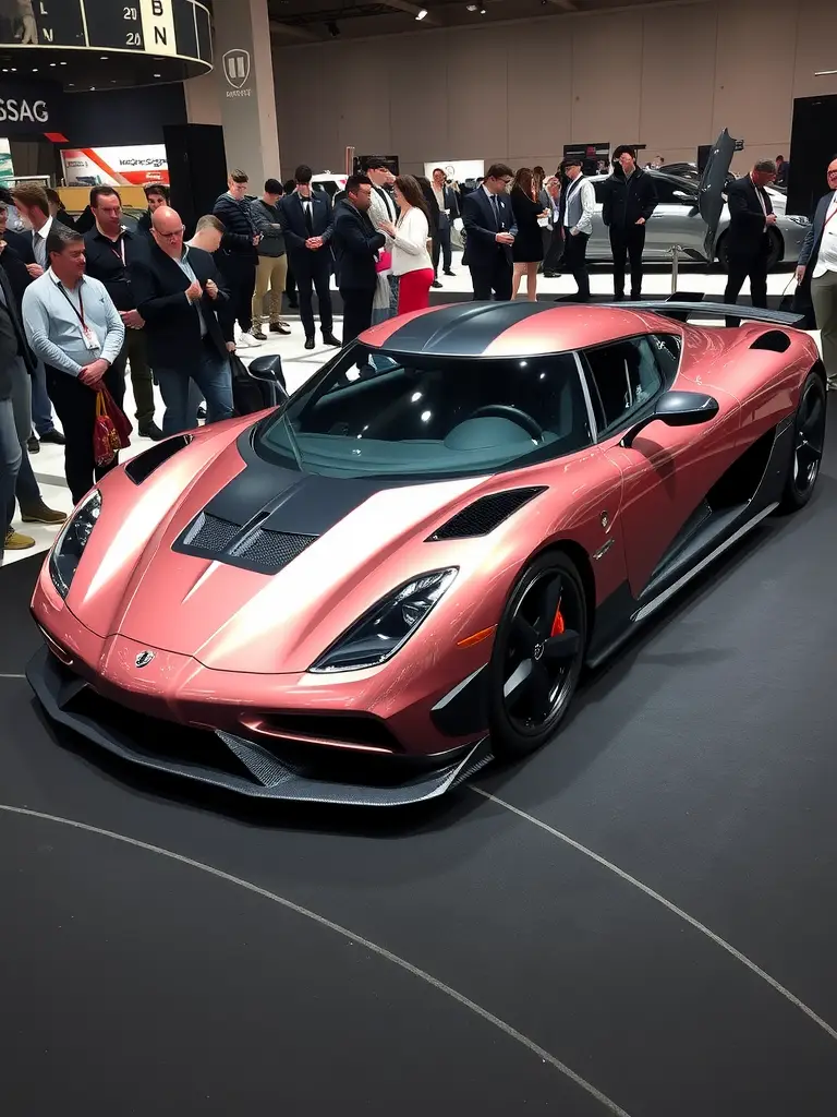 Koenigsegg Regera in Shimmering Rose on display with spectators nearby.