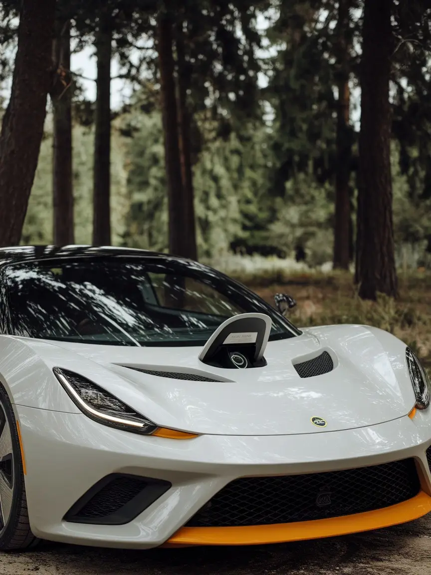 A Lotus Evija hypercar parked among trees