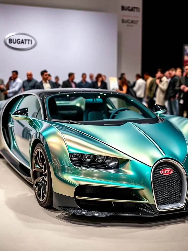A Bugatti featuring an iridescent teal and silver color palette, showcasing its sleek design.