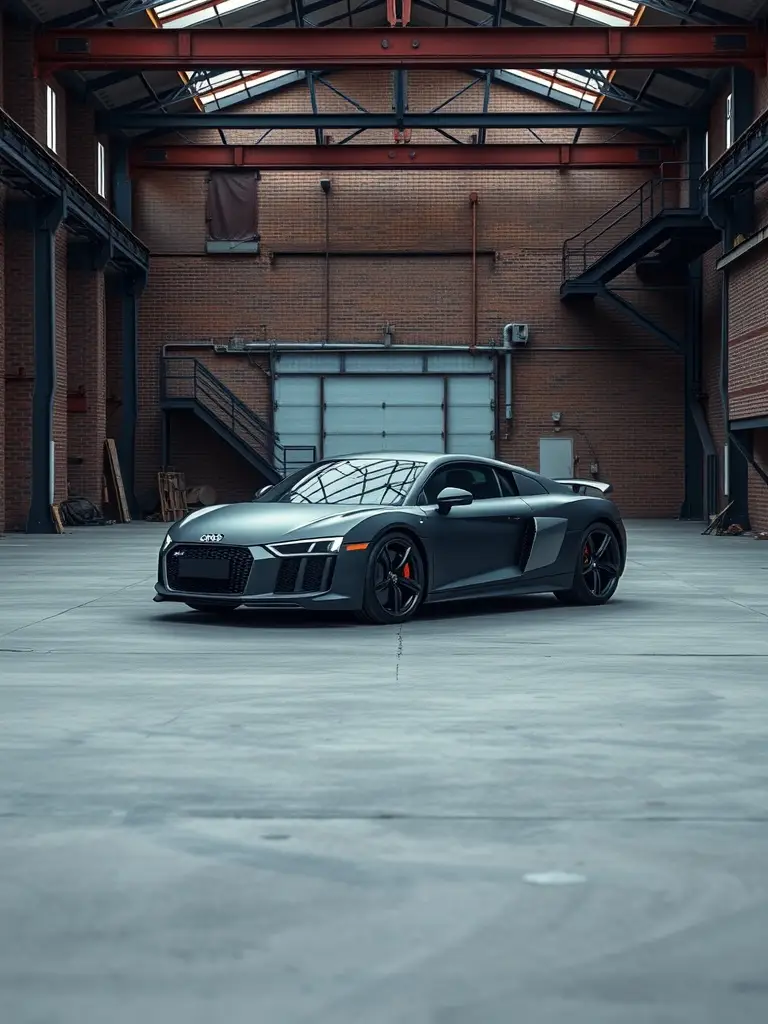 A matte black Audi R8 parked in an industrial space, showcasing its sleek design against brick and metal architecture.