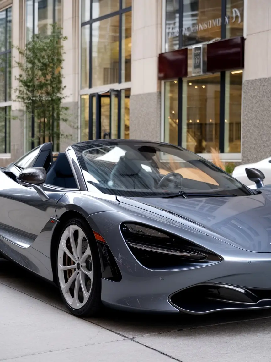 A gray McLaren Sabre parked in an urban setting showcasing its sleek design and luxurious features.