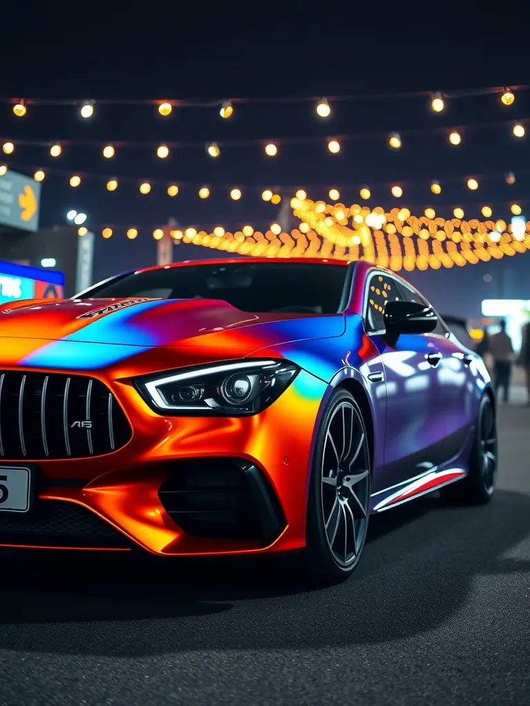 Mercedes-AMG A35 with iridescent orange and blue paintwork at a night event.