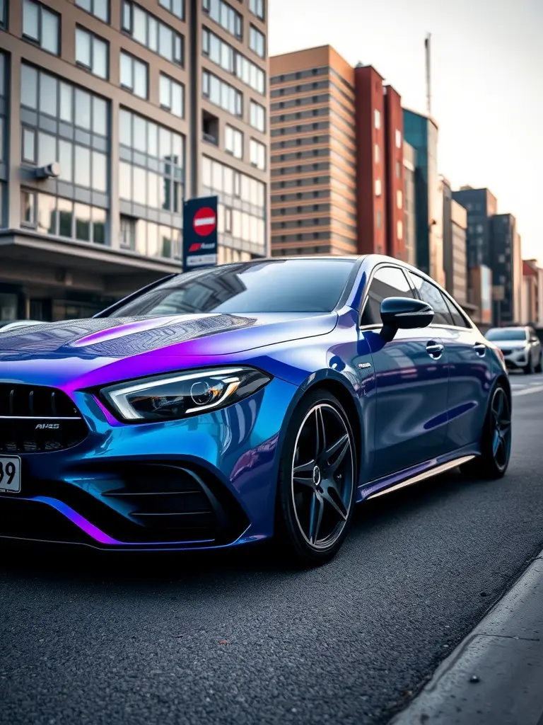 Mercedes-AMG A45 S featuring a striking blue and purple shift paintwork parked on a city street.