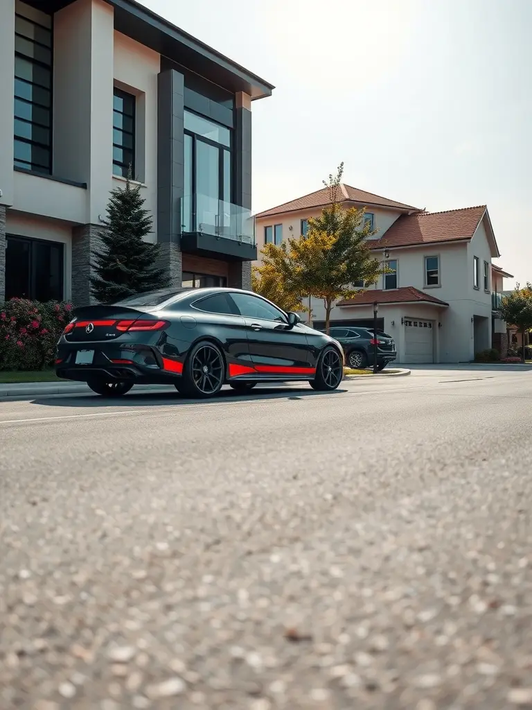 Mercedes-AMG C63 S Coupe parked in front of modern houses, showcasing its black and red two-tone paintwork