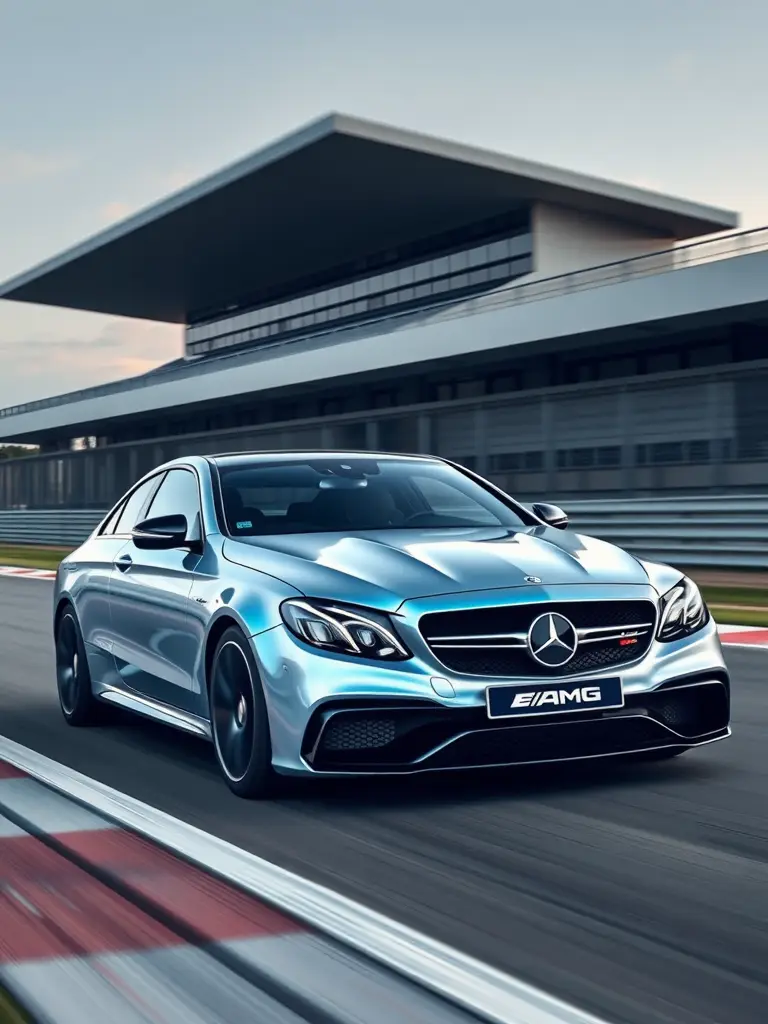 Mercedes-AMG E63 S in silver and blue accents on a racetrack