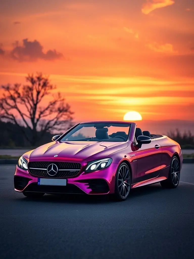 Mercedes-AMG E 53 Cabriolet in iridescent purple and gold at sunset