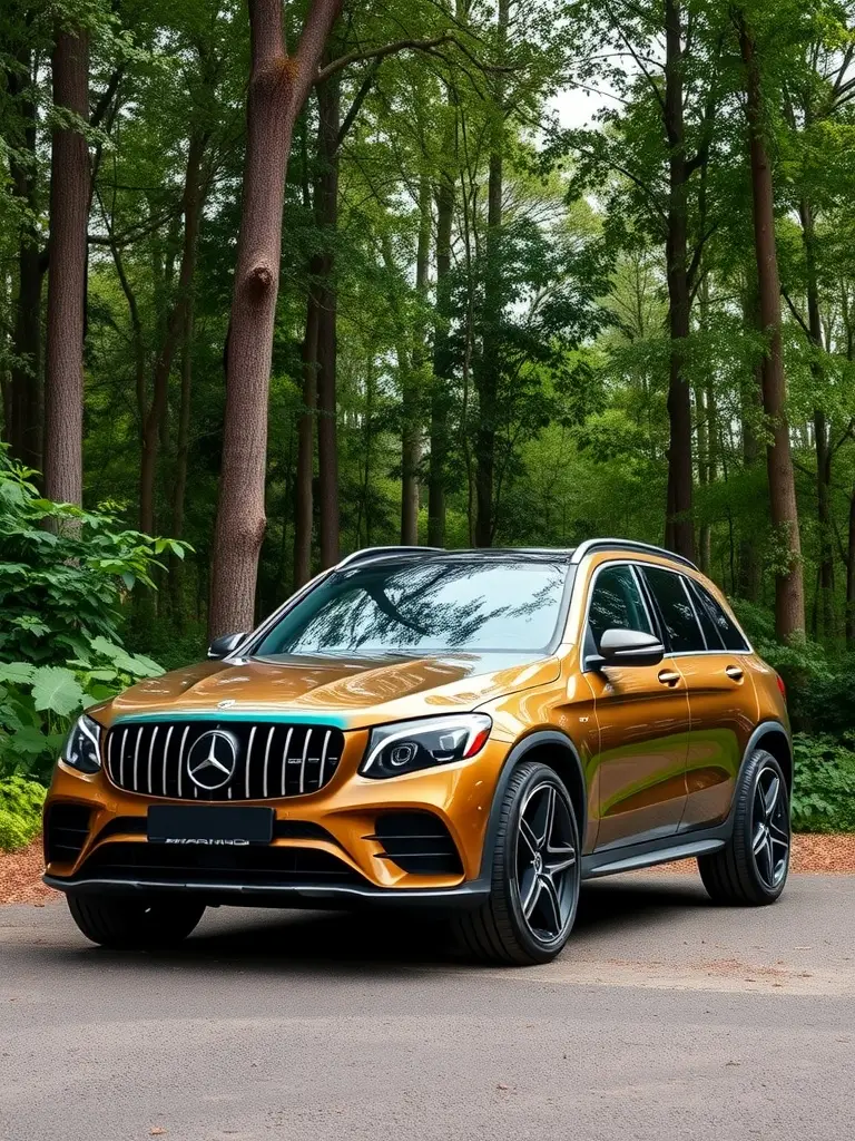 Mercedes-AMG GLC 63 in iridescent bronze and green parked in a forest setting.