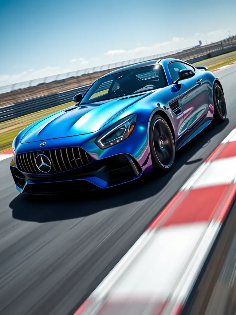 Mercedes-AMG GT Black Series in iridescent blue and silver paintwork on a racetrack.