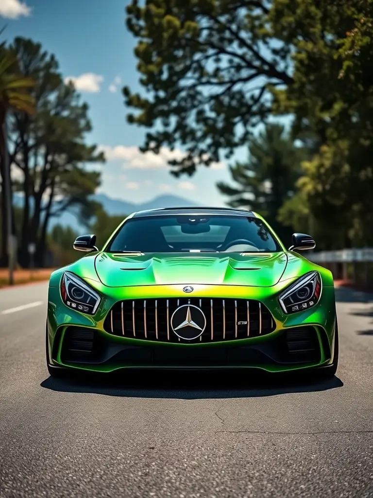 Mercedes-AMG GT R in iridescent green and gold paint on a sunny road