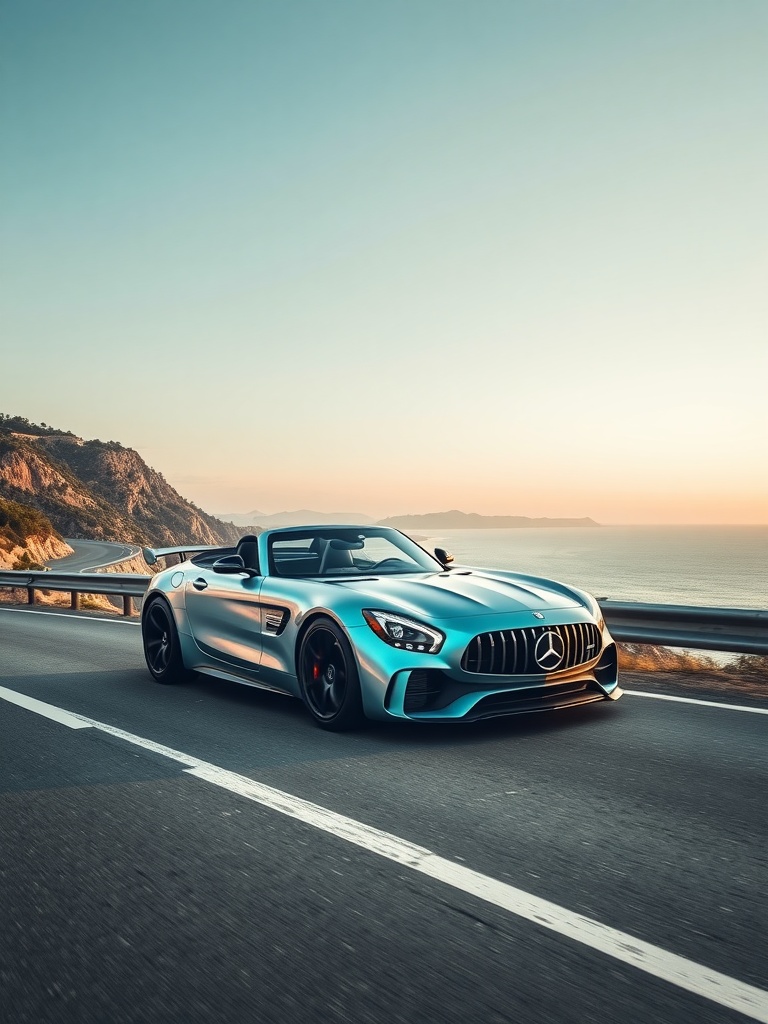 Mercedes-AMG GTR Roadster in teal and silver driving on a coastal road