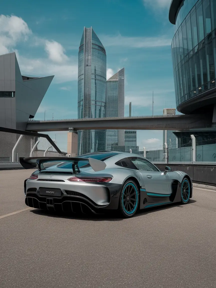 Mercedes-AMG One hypercar parked in an urban setting with modern buildings in the background.