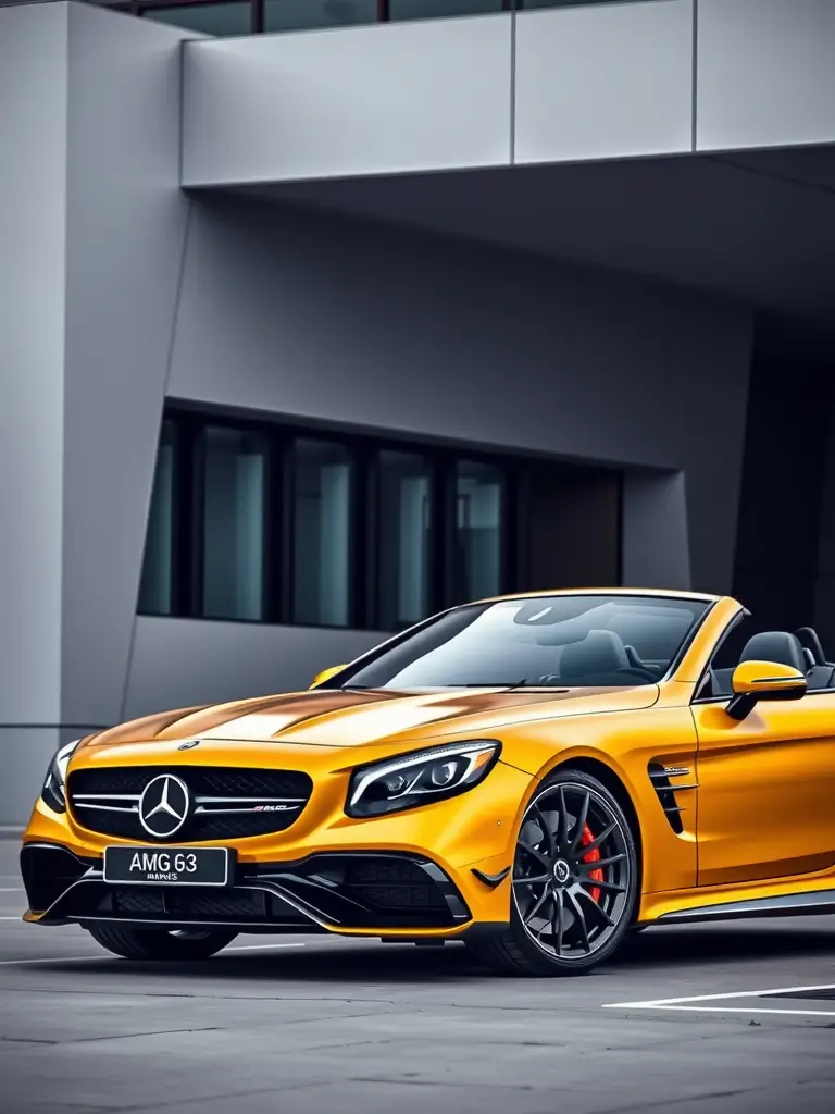 Mercedes-AMG SL 63 in iridescent yellow and black parked in a modern setting.