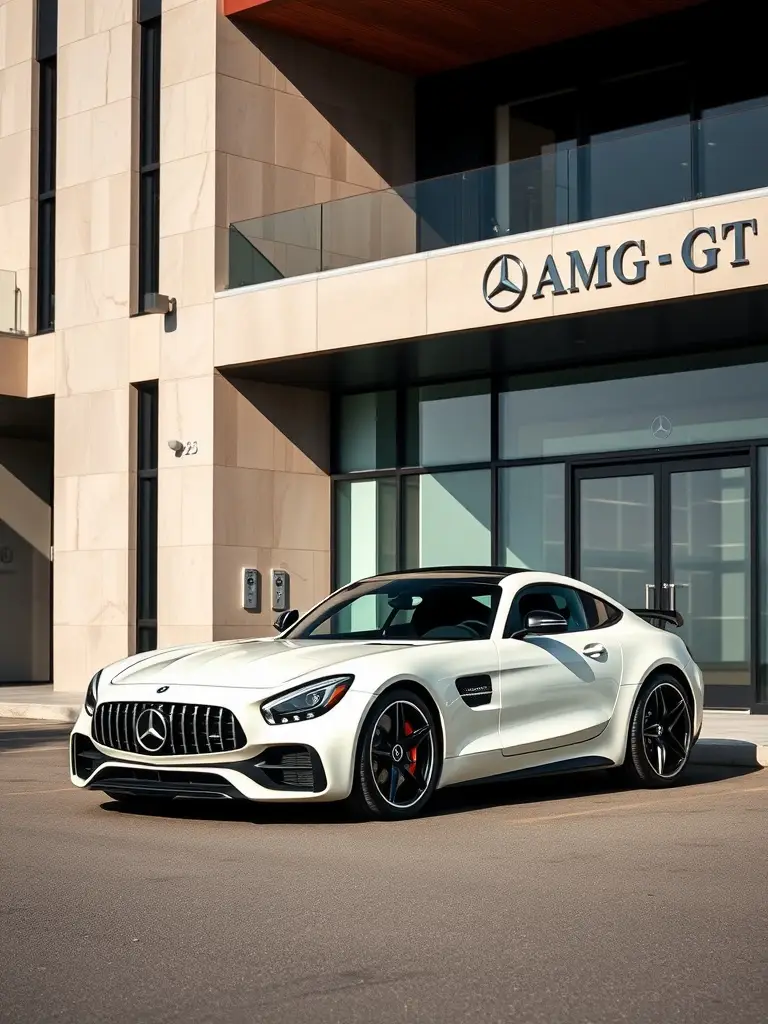 Mercedes-Benz AMG GT parked in front of a modern building.