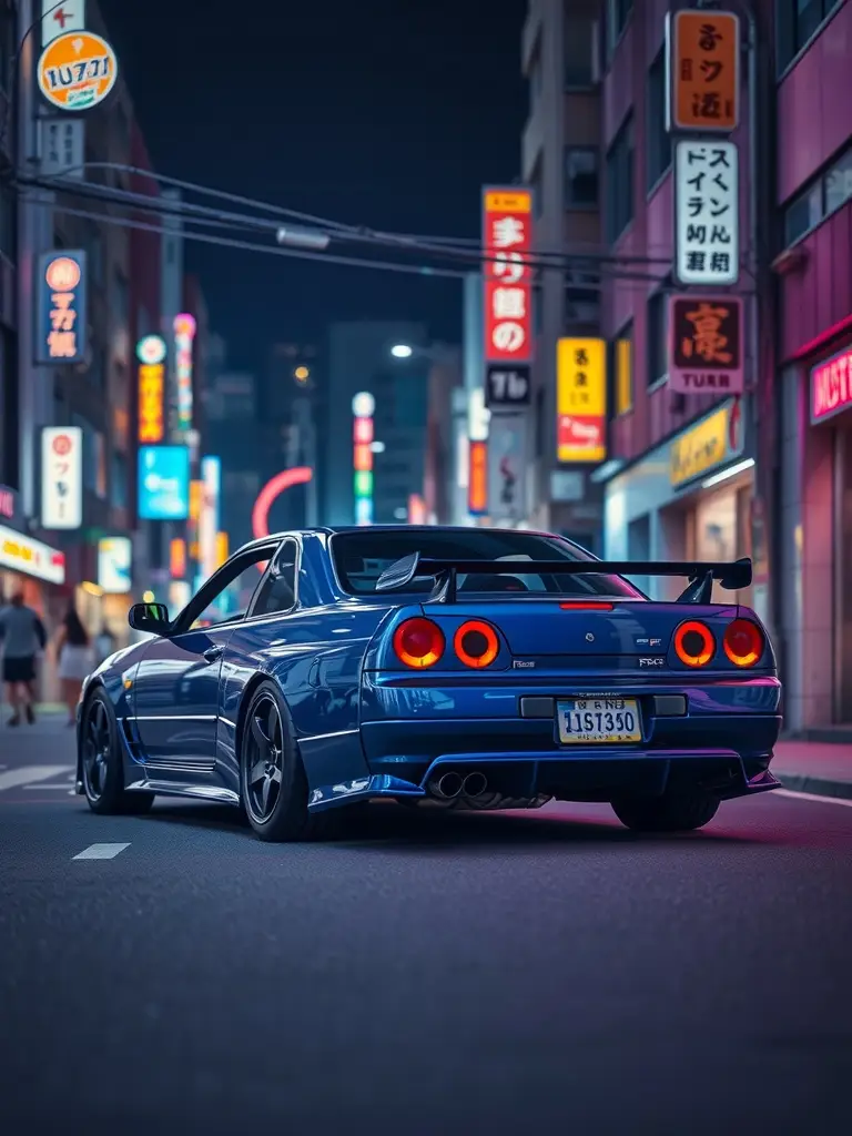 A midnight blue Nissan R34 parked under neon lights in Tokyo.