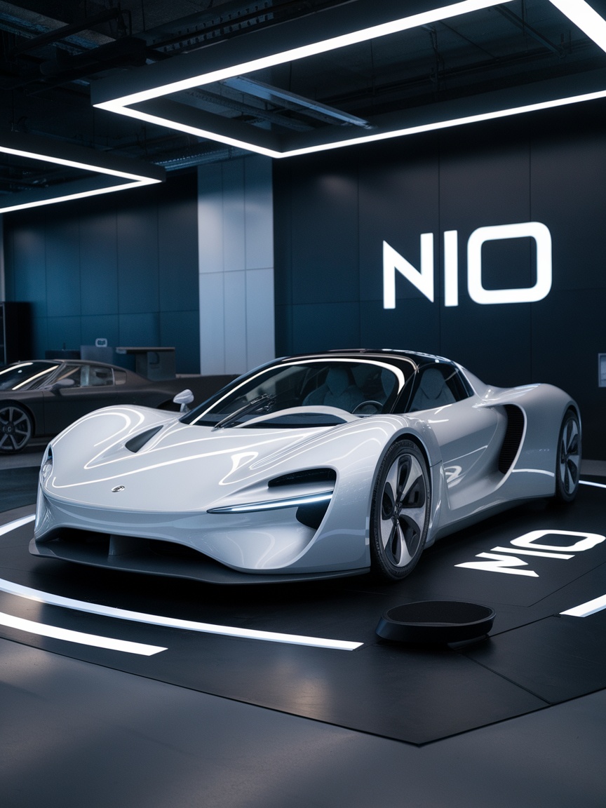 Nio EP9 hypercar displayed in a modern showroom