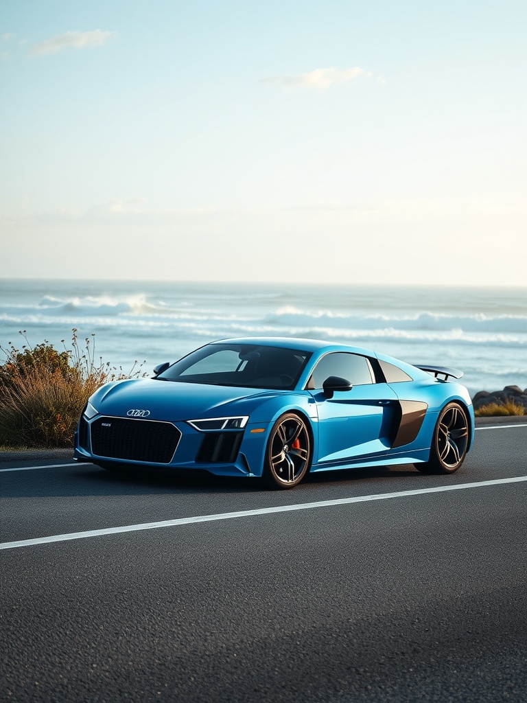 Audi R8 in ocean blue parked near the coast with waves in the background.