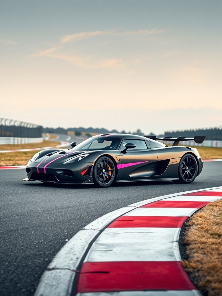 Koenigsegg One:1 with hot pink racing stripes on a racetrack