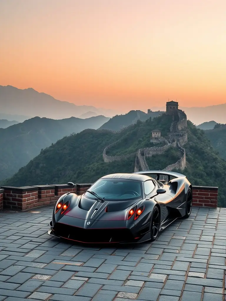 Pagani Huayra parked at the Great Wall of China during sunset.