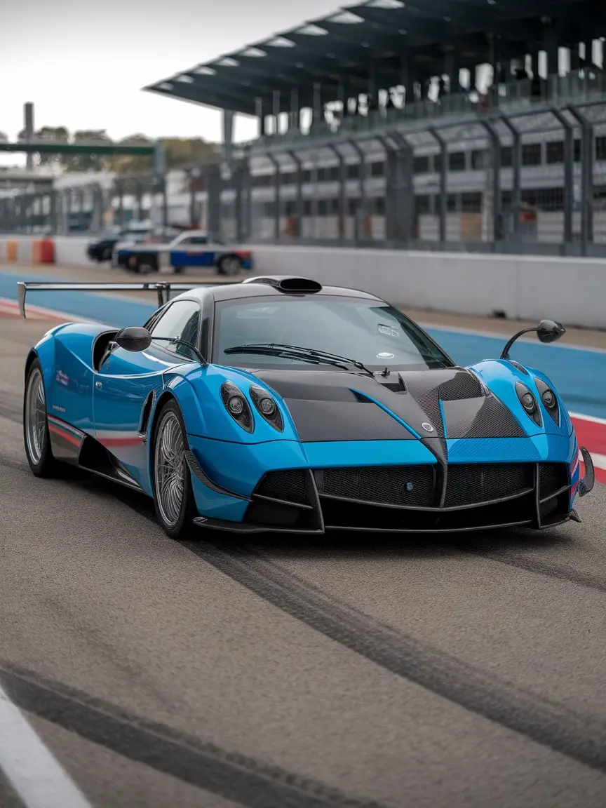 A Pagani Huayra Imola on a racetrack, showcasing its striking blue and carbon fiber design.