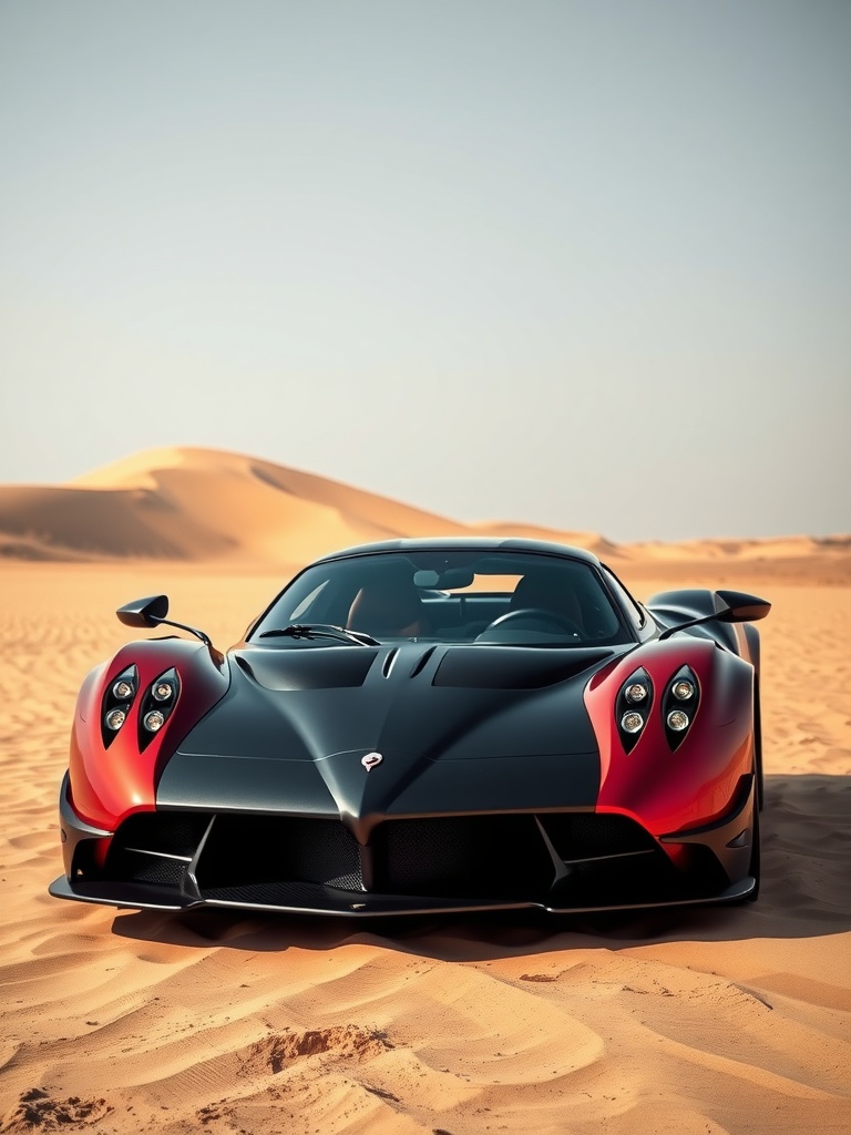 Pagani Huayra parked in the desert of Dubai, showcasing its sleek design against the sandy backdrop.