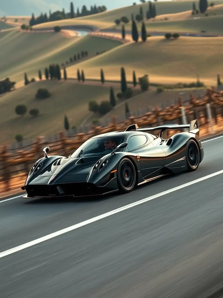 Pagani Huayra parked on a road in the Italian countryside, with vineyards and hills in the background.
