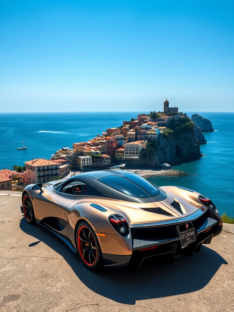 A Pagani Huayra parked on a scenic overlook along the Amalfi Coast, showcasing its design against a coastal view.
