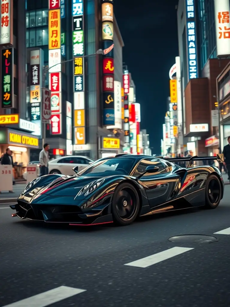 A Pagani Huayra parked on a busy street in Tokyo surrounded by vibrant neon signs.