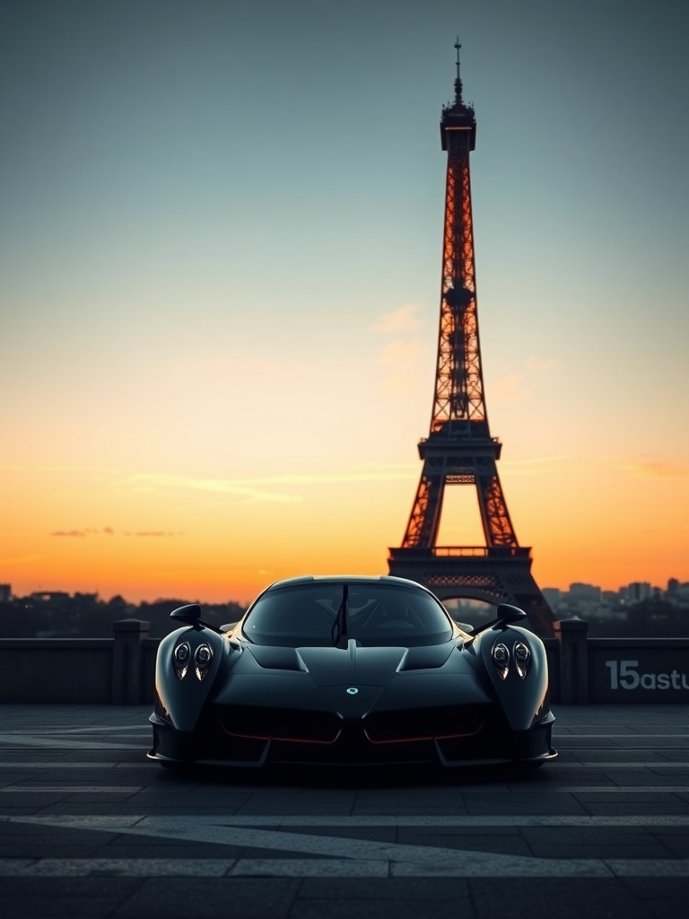 Pagani Huayra Roadster in front of the Eiffel Tower during sunset