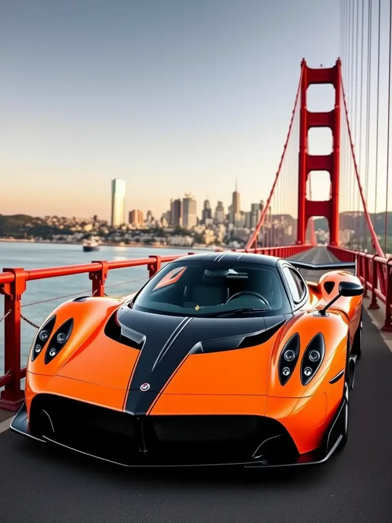 Pagani Zonda C12 parked on the Golden Gate Bridge with city skyline in the background.
