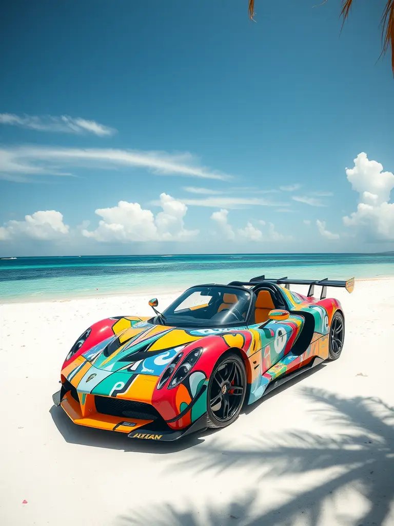 Pagani Zonda Cinque parked on a Caribbean beach with palm trees and clear blue water in the background.