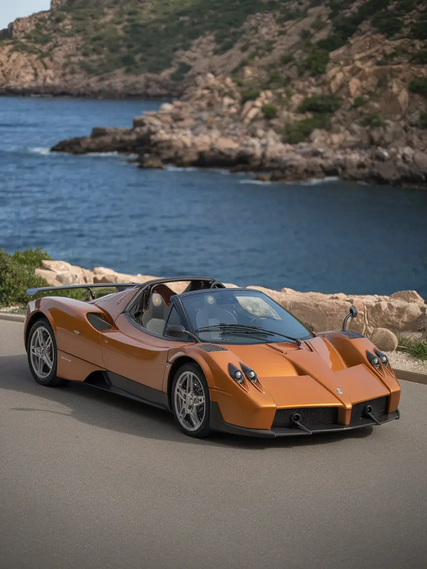 Rear view of a Pagani Zonda HP Barchetta on a coastal road