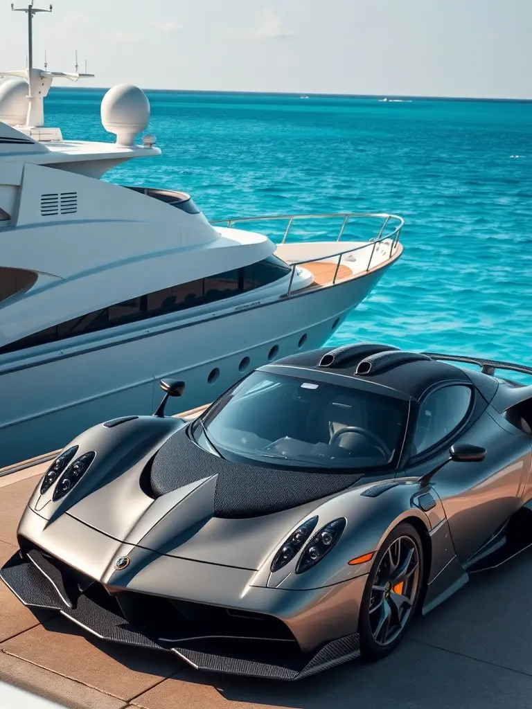 Pagani Zonda HP Barchetta parked on a private yacht with a beautiful ocean view.