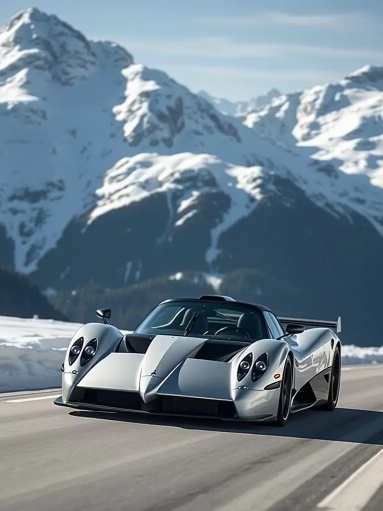 Pagani Zonda Roadster driving through the Swiss Alps