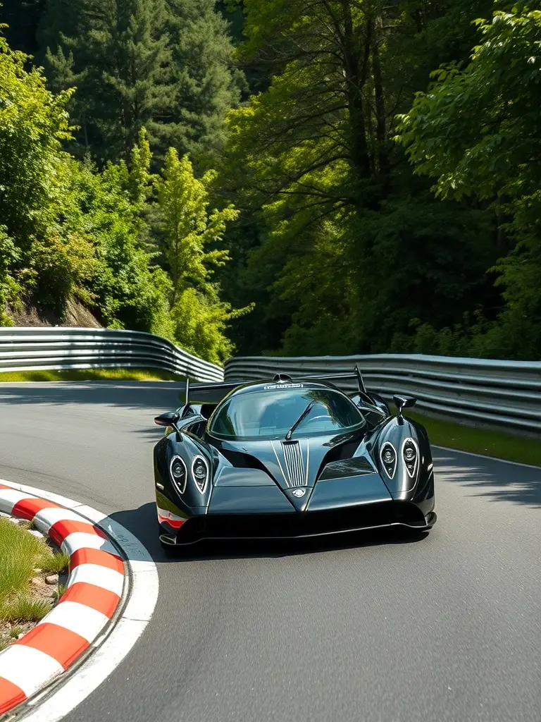 Pagani Zonda S driving at Nurburgring surrounded by green trees