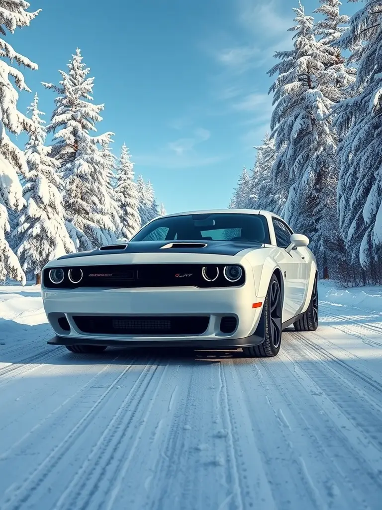 Pearlescent white Dodge Hellcat parked in a snowy landscape with trees.
