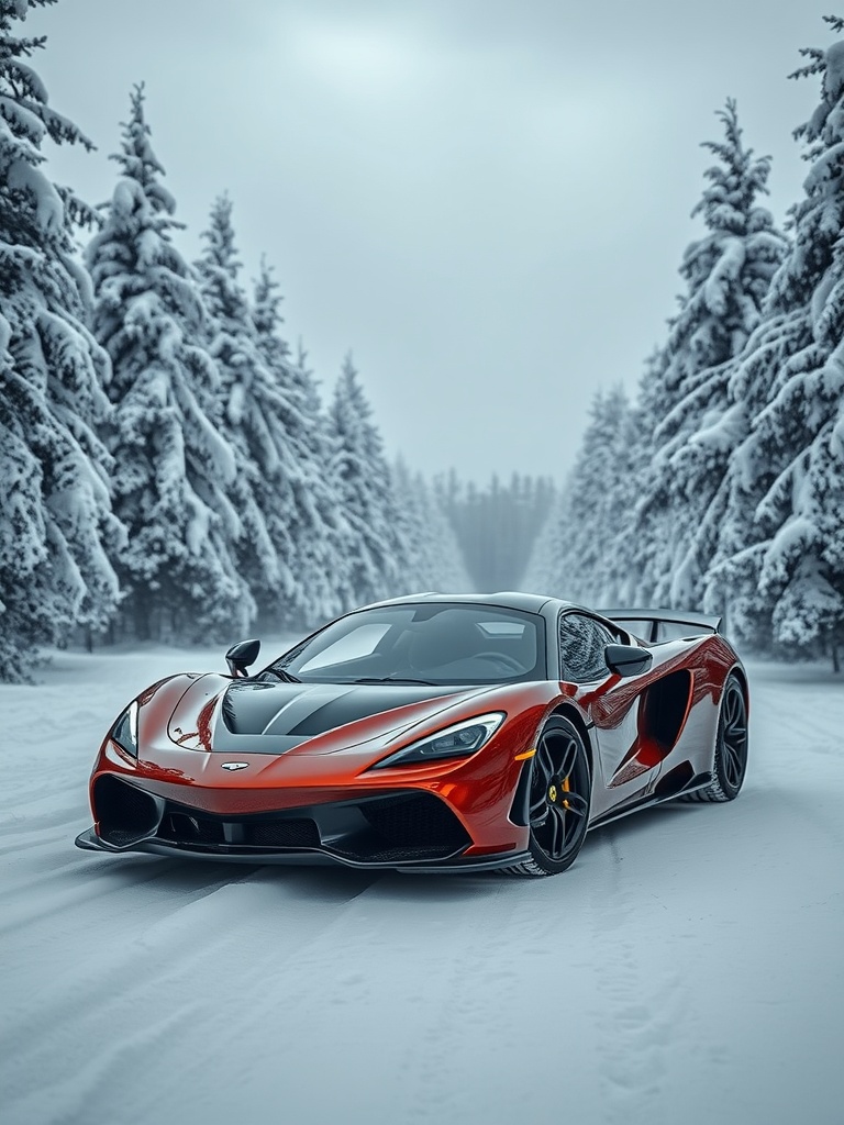 A sleek red supercar parked in a snowy landscape surrounded by tall snow-covered trees.