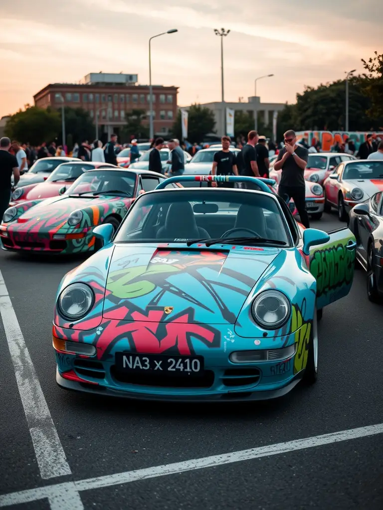 A colorful Porsche with graffiti paint job parked among other cars.