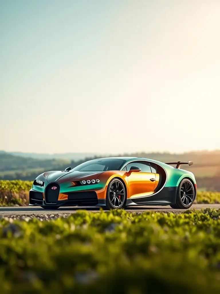 A Bugatti with a radiant iridescent bronze and green color combination, parked on a scenic road.