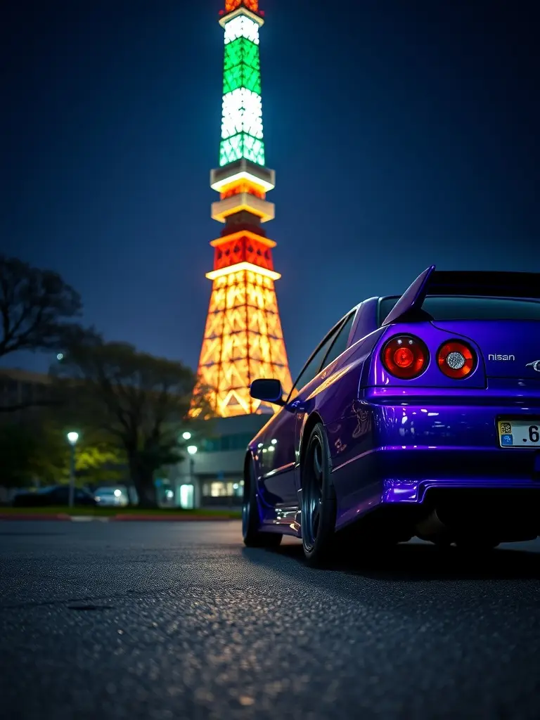 Royal Purple Nissan R34 parked near Tokyo Tower at night