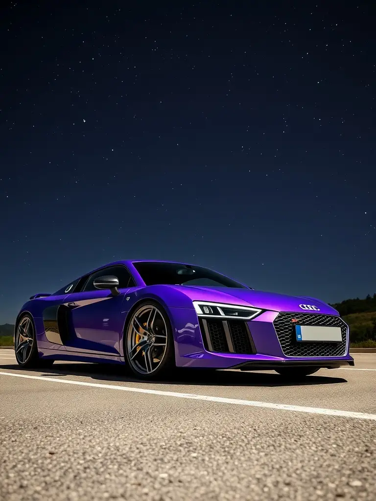 Audi R8 in royal purple parked under a starry sky