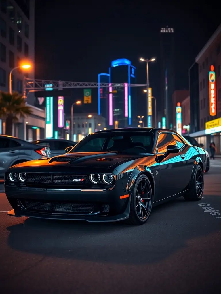 A sleek black Dodge Hellcat in a night cityscape with vibrant city lights.