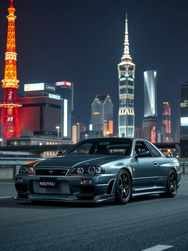 Sleek matte black Nissan R34 in front of Tokyo skyline at night.