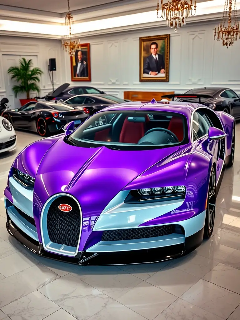 A Bugatti with a sophisticated purple and white blend, displayed indoors.