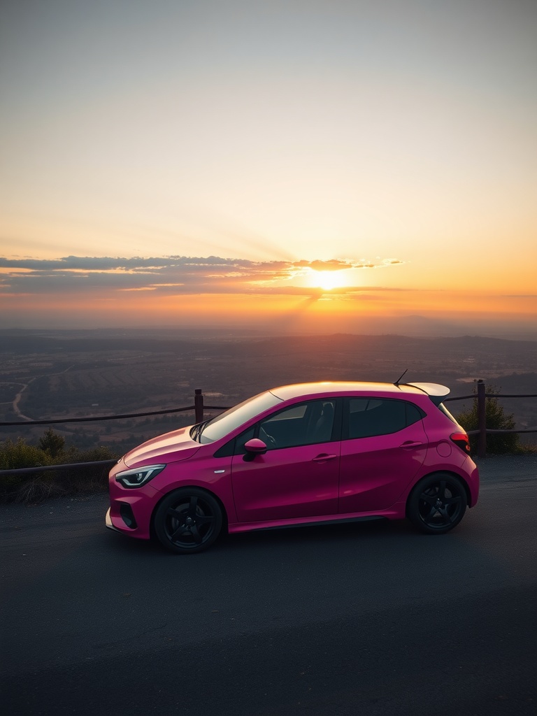 A sporty pink hatchback parked at a scenic overlook during sunset.