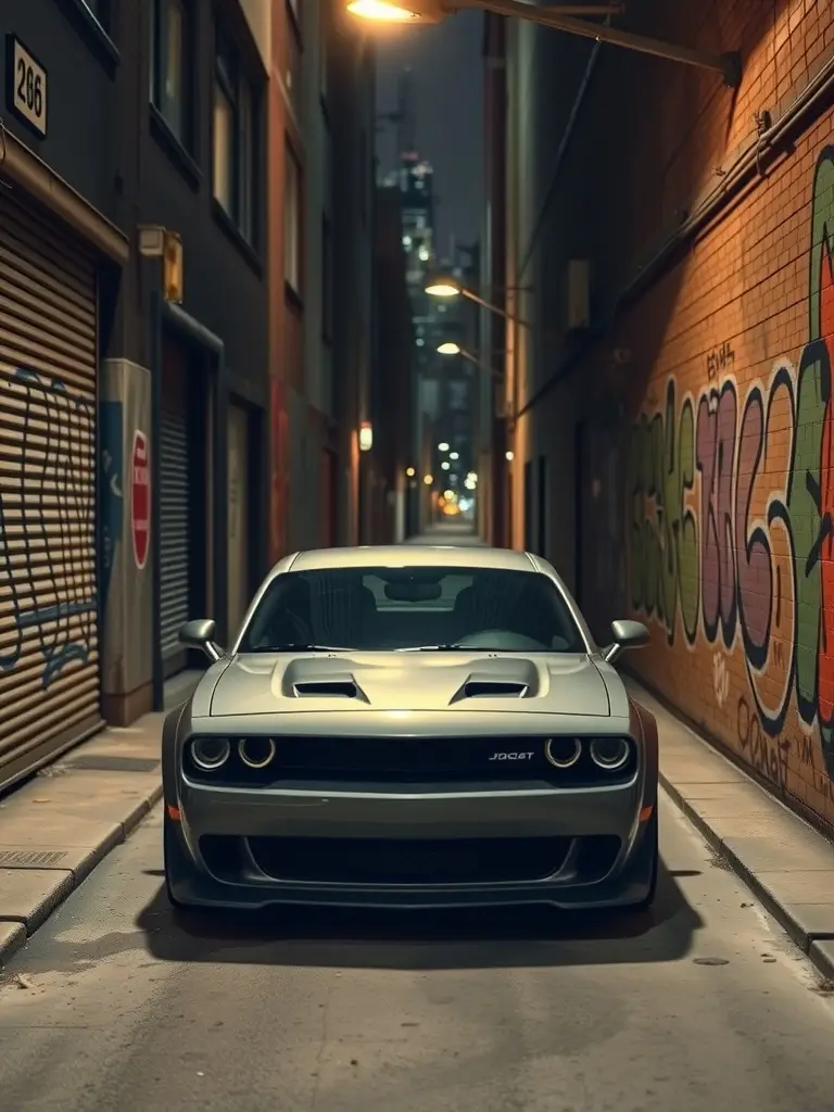 Gray Dodge Hellcat parked in an urban alley with graffiti on the walls.